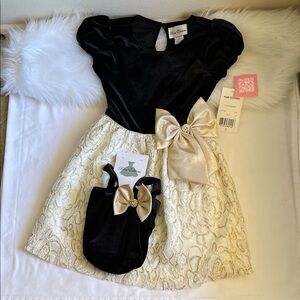 Rare Editions Girls Black and Gold Velvet Lace Dress with Decorative Bow Size 7.